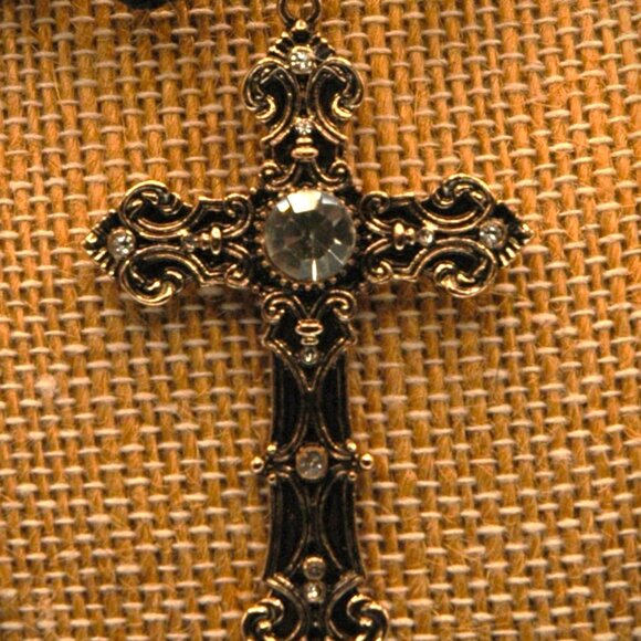 Antique Style Gold-Toned Cross Rhinestone on a 16 1/4" Handmade Black Hemp Chain - Picture 2 of 6